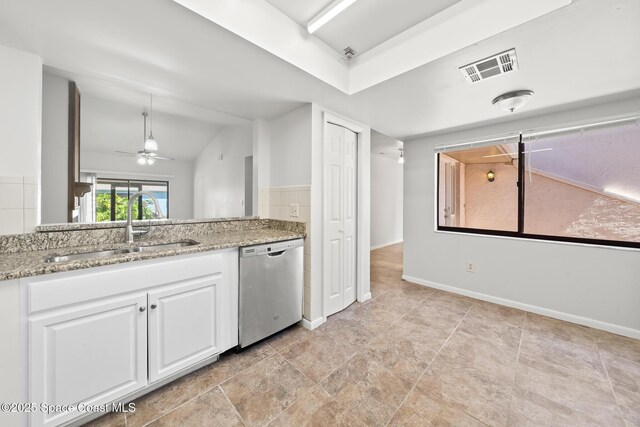 1730 Bluebird Ct, Melbourne, FL 32935 - kitchen with white cabinets, visible vents, ceiling fan, dishwasher, and a sink