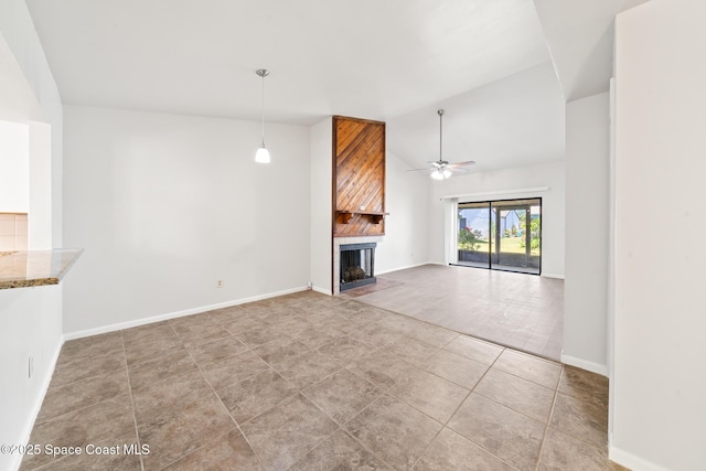 1730 Bluebird Ct, Melbourne, FL 32935 - unfurnished living room featuring tile patterned floors, a fireplace, a ceiling fan, and baseboards