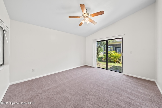 1730 Bluebird Ct, Melbourne, FL 32935 - carpeted spare room featuring baseboards, vaulted ceiling, and a ceiling fan
