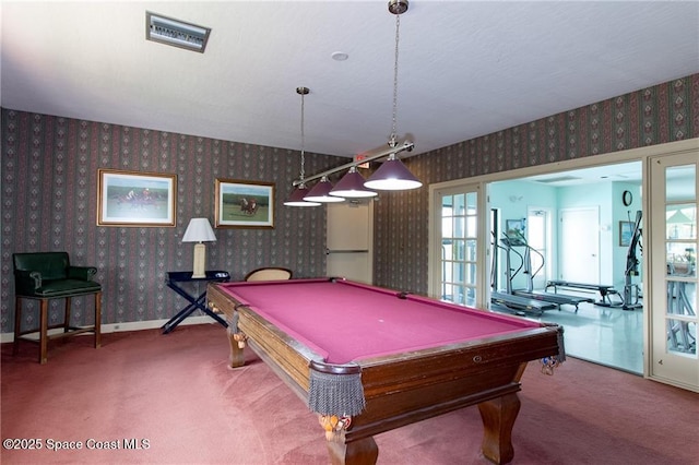 game room with visible vents, billiards, carpet flooring, and wallpapered walls