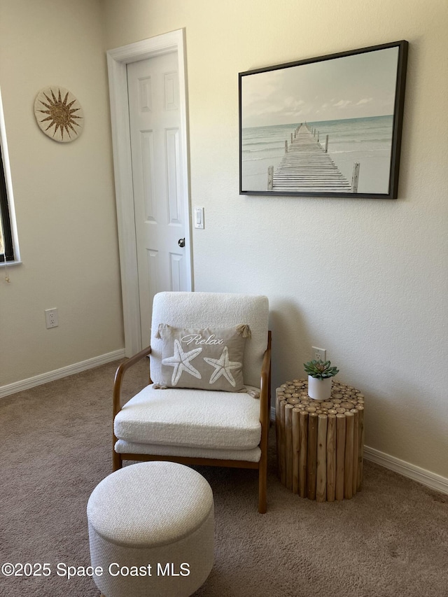 living area with carpet flooring and baseboards