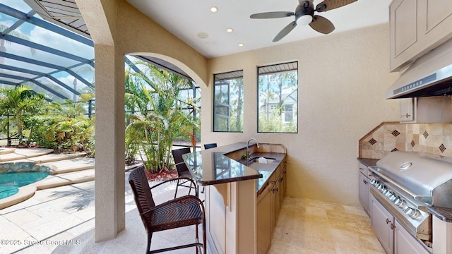 5454 Riveredge Dr, Titusville, FL 32780 - view of patio featuring a lanai, a ceiling fan, and an outdoor pool
