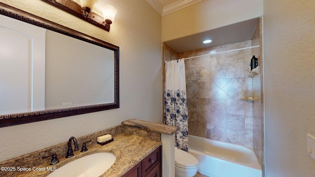 5454 Riveredge Dr, Titusville, FL 32780 - bathroom featuring crown molding, vanity, shower / bath combo, toilet, and a textured wall