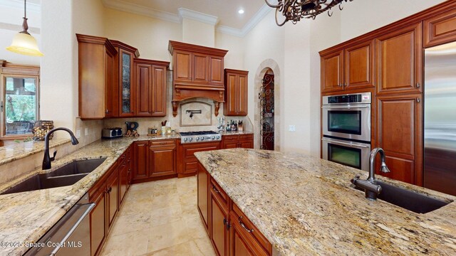 5454 Riveredge Dr, Titusville, FL 32780 - kitchen featuring a sink, stainless steel appliances, ornamental molding, light stone counters, and tasteful backsplash