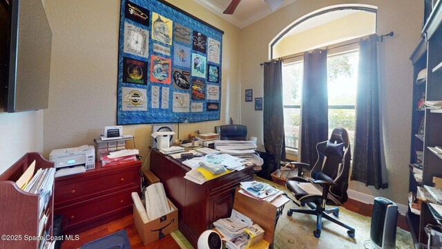 5454 Riveredge Dr, Titusville, FL 32780 - office space featuring crown molding, wood finished floors, and ceiling fan