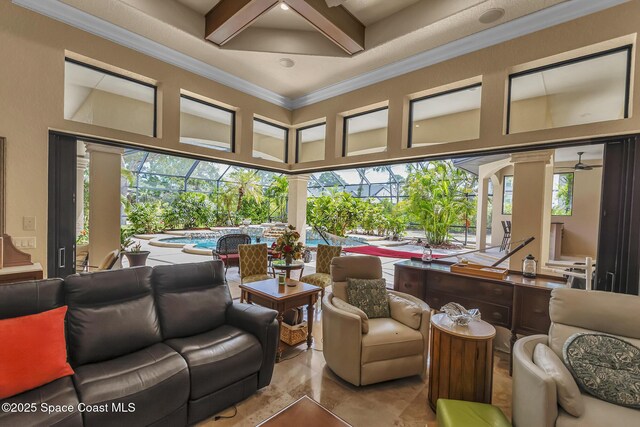 5454 Riveredge Dr, Titusville, FL 32780 - common area with coffered ceiling, crown molding, beam ceiling, and a towering ceiling