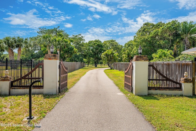 7021 S Tropical Trl, Merritt Island, FL 32952 - view of asphalt driveway featuring street lights, a gate, and a gated entry