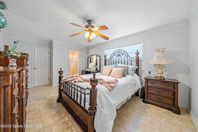 445 Park Ave, Satellite Beach, FL 32937 - bedroom with ornamental molding, a textured ceiling, a ceiling fan, connected bathroom, and light tile patterned floors