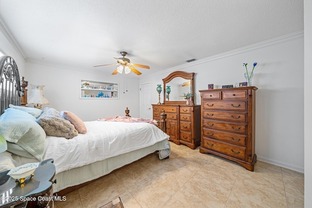 445 Park Ave, Satellite Beach, FL 32937 - bedroom featuring ornamental molding, ceiling fan, a textured ceiling, a closet, and light tile patterned floors