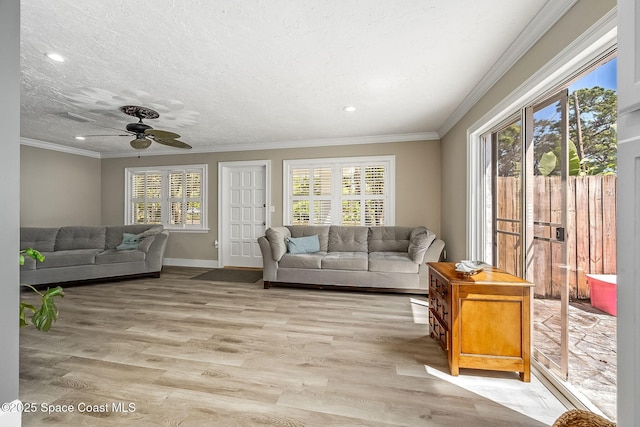 living room with light wood-type flooring, a textured ceiling, crown molding, and a ceiling fan