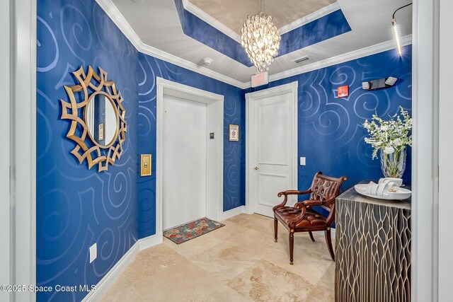 601 N Swim Club Dr Pha, Pha, Indian River Shores, FL 32963 - foyer entrance with a notable chandelier, crown molding, a raised ceiling, baseboards, and visible vents