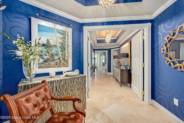 601 N Swim Club Dr Pha, Pha, Indian River Shores, FL 32963 - hallway with baseboards, a notable chandelier, and crown molding