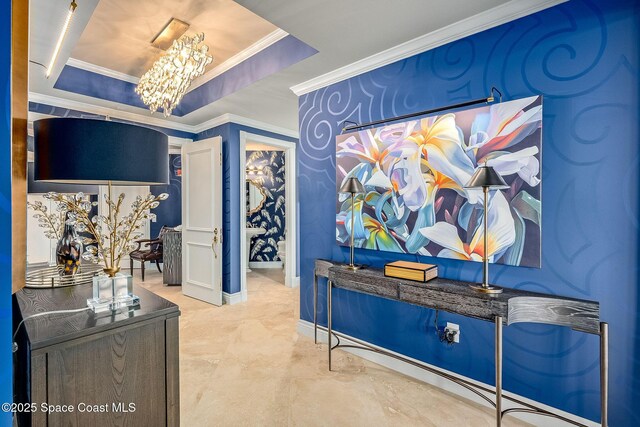 601 N Swim Club Dr Pha, Pha, Indian River Shores, FL 32963 - interior space with baseboards, a tray ceiling, a chandelier, and crown molding