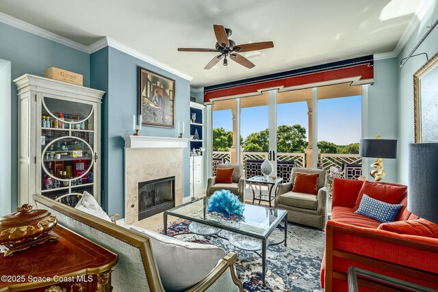 601 N Swim Club Dr Pha, Pha, Indian River Shores, FL 32963 - living area with built in features, ceiling fan, a high end fireplace, and ornamental molding