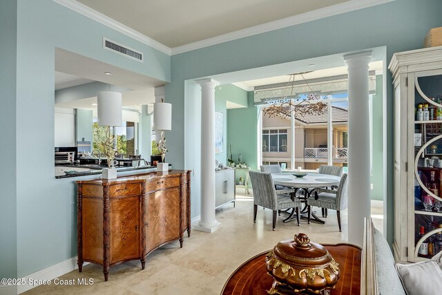 601 N Swim Club Dr Pha, Pha, Indian River Shores, FL 32963 - interior space with crown molding, baseboards, decorative columns, and visible vents