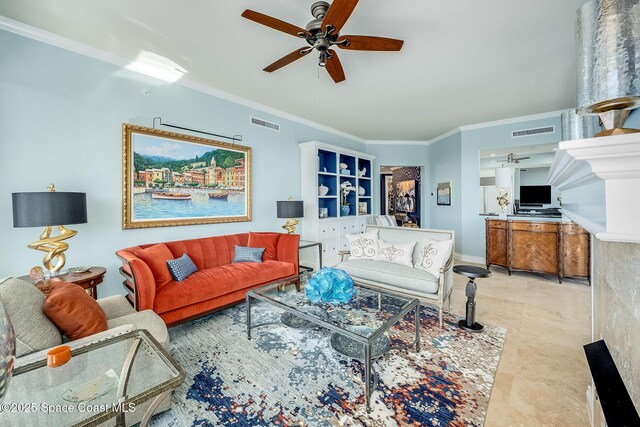 601 N Swim Club Dr Pha, Pha, Indian River Shores, FL 32963 - living area featuring baseboards, ornamental molding, visible vents, and a ceiling fan