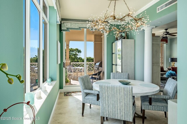 601 N Swim Club Dr Pha, Pha, Indian River Shores, FL 32963 - dining area featuring finished concrete flooring, visible vents, baseboards, decorative columns, and ceiling fan with notable chandelier