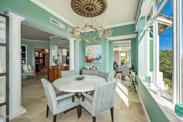 601 N Swim Club Dr Pha, Pha, Indian River Shores, FL 32963 - dining area featuring ornate columns, ornamental molding, visible vents, and a chandelier