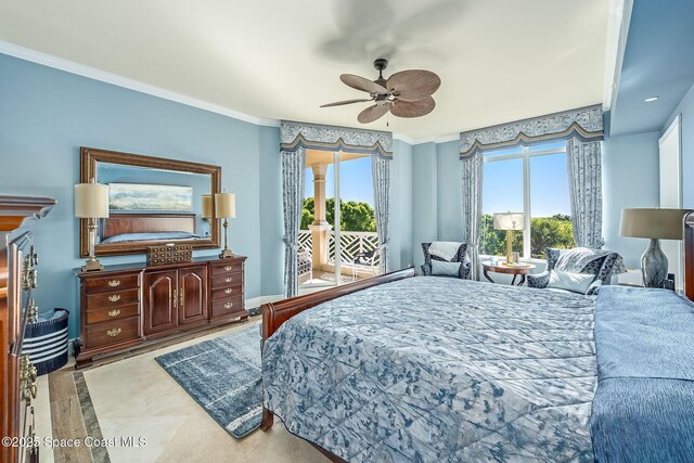 601 N Swim Club Dr Pha, Pha, Indian River Shores, FL 32963 - bedroom with baseboards, crown molding, access to exterior, and ceiling fan
