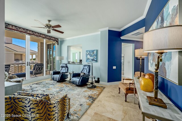601 N Swim Club Dr Pha, Pha, Indian River Shores, FL 32963 - living room with baseboards, ceiling fan, visible vents, and ornamental molding