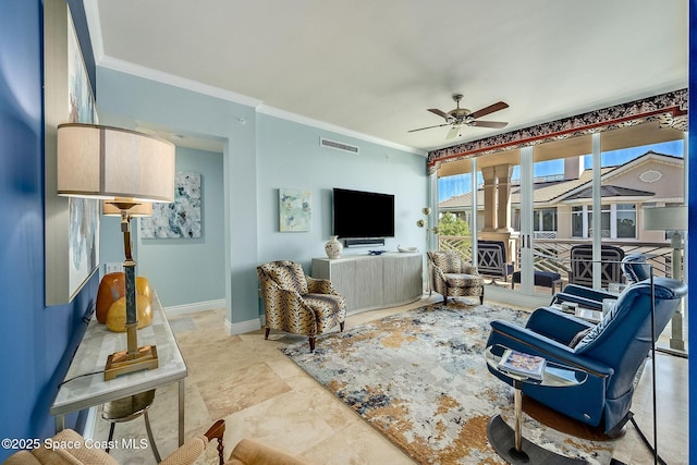 601 N Swim Club Dr Pha, Pha, Indian River Shores, FL 32963 - living area featuring baseboards, ornamental molding, visible vents, and a ceiling fan