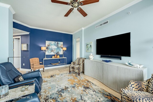 601 N Swim Club Dr Pha, Pha, Indian River Shores, FL 32963 - living room featuring ceiling fan, visible vents, and ornamental molding