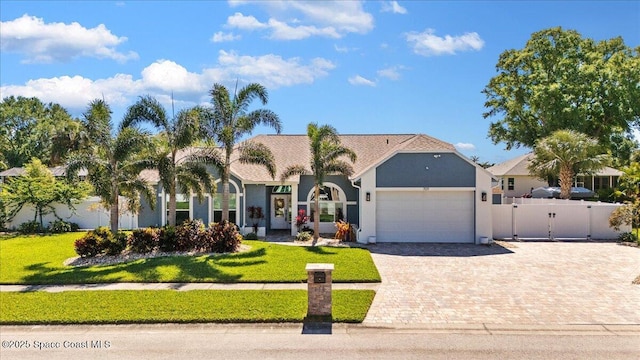 view of front of house featuring stucco siding, a gate, a garage, and a front lawn