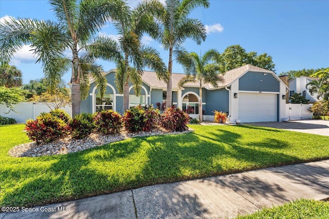 ranch-style house featuring fence, an attached garage, concrete driveway, a front yard, and stucco siding