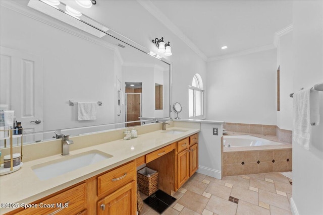 full bath featuring a shower stall, double vanity, crown molding, and a sink