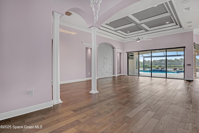 unfurnished living room featuring coffered ceiling, a high ceiling, baseboards, and a ceiling fan