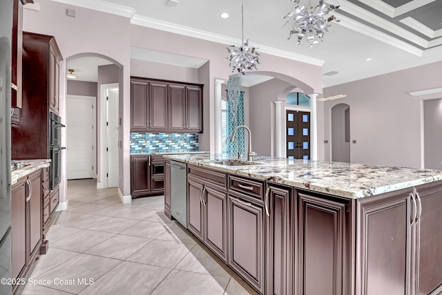 kitchen with crown molding, stainless steel dishwasher, arched walkways, light stone counters, and a sink