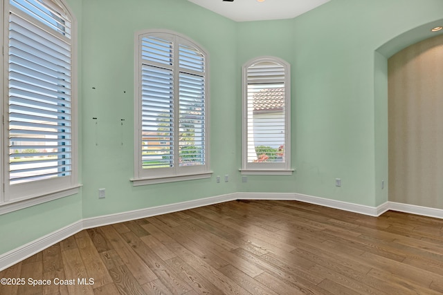 unfurnished room with wood-type flooring, baseboards, and a healthy amount of sunlight