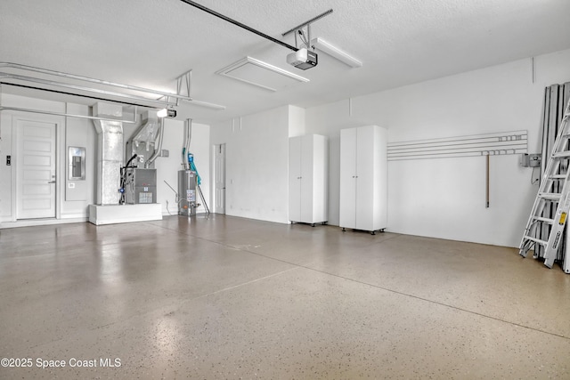 garage with a garage door opener, heating unit, electric panel, and water heater