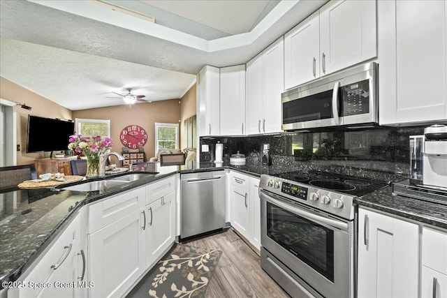 kitchen with white cabinets, a sink, appliances with stainless steel finishes, and decorative backsplash