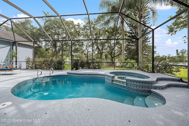view of pool with a patio, a pool with connected hot tub, and glass enclosure