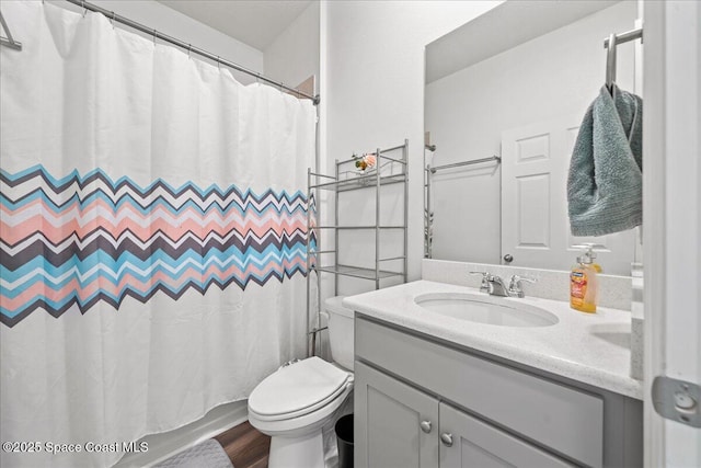 710 Mulberry St, Sebastian, FL 32958 - full bathroom with wood finished floors, vanity, toilet, and a shower with shower curtain