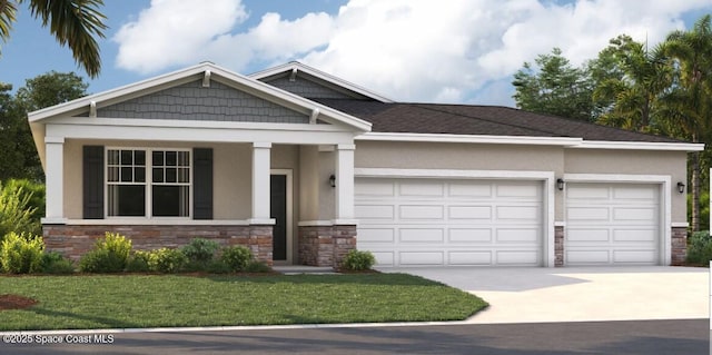 3150 Viridian Cir, Melbourne, FL 32904 - craftsman-style home featuring stone siding, an attached garage, stucco siding, and driveway