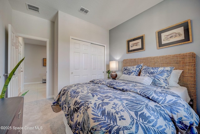 3150 Viridian Cir, Melbourne, FL 32904 - bedroom featuring baseboards, a closet, light colored carpet, and visible vents