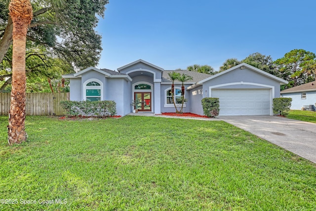6135 Balboa St, Cocoa, FL 32927 - ranch-style home featuring french doors, stucco siding, a garage, driveway, and roof with shingles