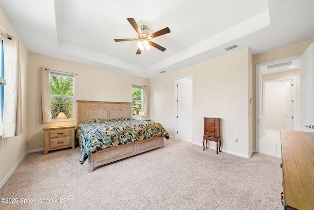 bedroom featuring light carpet, multiple windows, and a raised ceiling