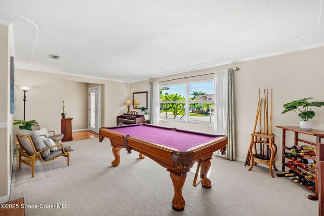 1445 Centaurus Ct, Merritt Island, FL 32953 - game room featuring light carpet, crown molding, billiards, and baseboards