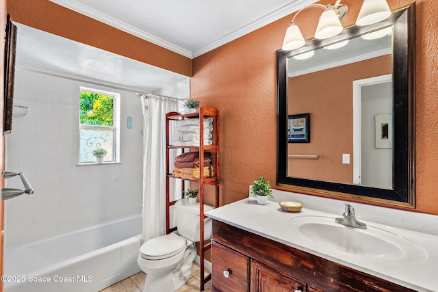 1445 Centaurus Ct, Merritt Island, FL 32953 - full bathroom featuring a textured wall, ornamental molding, toilet, vanity, and shower / bathtub combination with curtain