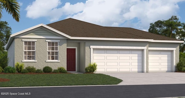3175 Viridian Cir, Melbourne, FL 32904 - ranch-style home with stucco siding, an attached garage, a front lawn, and driveway