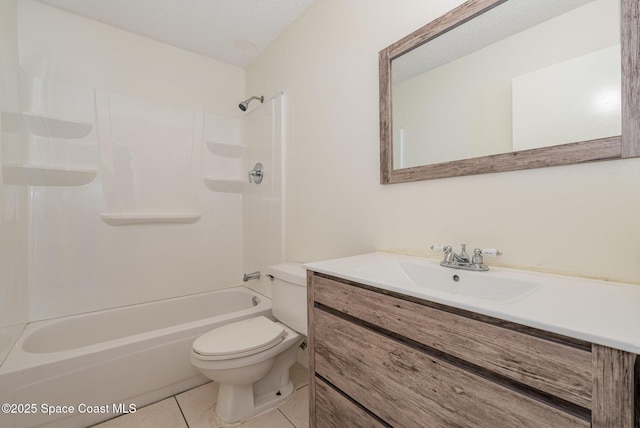 bathroom featuring a textured ceiling, tub / shower combination, toilet, vanity, and tile patterned flooring