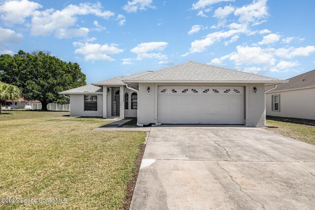 ranch-style home with stucco siding, driveway, a garage, and a front lawn