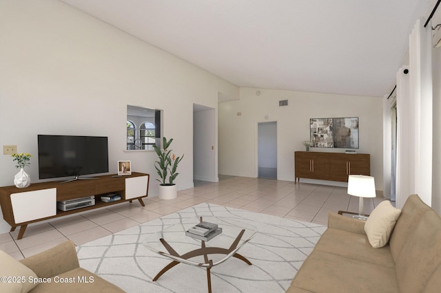 living area featuring vaulted ceiling, visible vents, and light tile patterned floors
