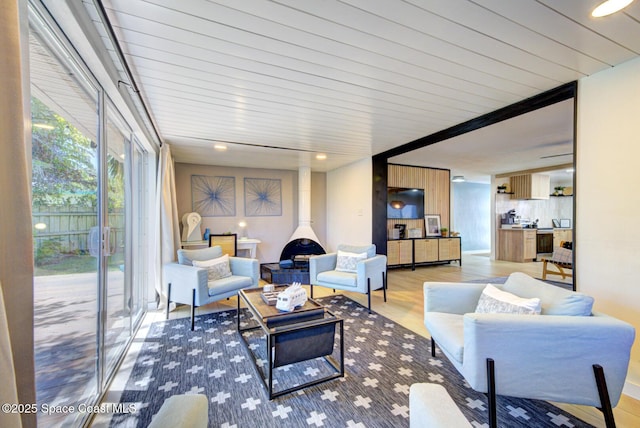 interior space featuring wood finished floors and a wood stove