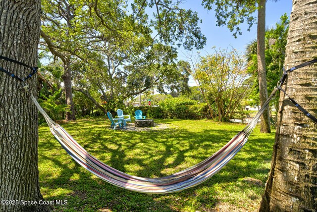 view of yard featuring an outdoor fire pit