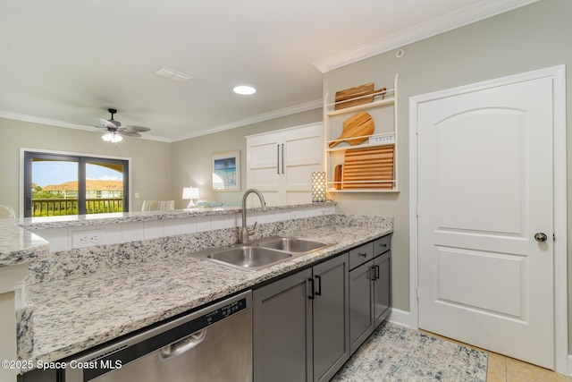 6461 Borasco Dr Unit 3804, Melbourne, FL 32940 - kitchen featuring dishwasher, ceiling fan, open shelves, crown molding, and light stone countertops