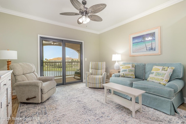 6461 Borasco Dr Unit 3804, Melbourne, FL 32940 - living room with ornamental molding, a ceiling fan, and wood finished floors